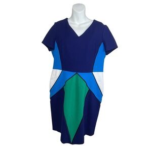 Antonio Melani Color Block Illusion‎ Shift Dress Size 14 Blue Teal White